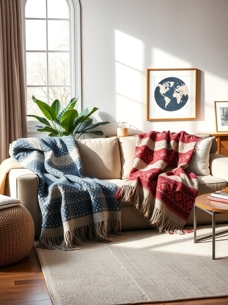 Cozy living room with a light sofa adorned with blue and red throw blankets, a plant, and a coffee table.