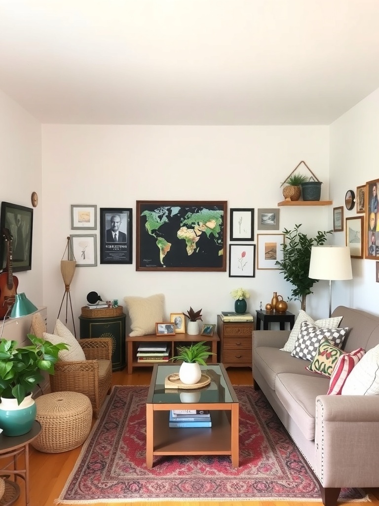 Cozy small living room with unique decor, plants, and a gallery wall