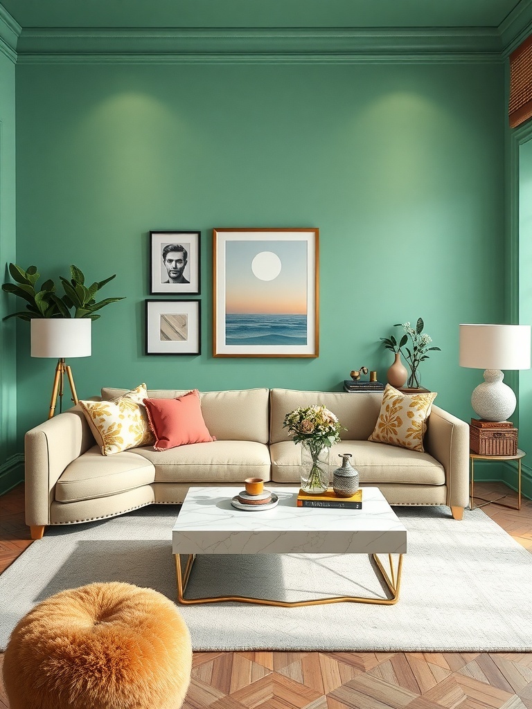 A small living room with mint green walls, a beige couch with colorful cushions, a marble coffee table, and decorative plants.
