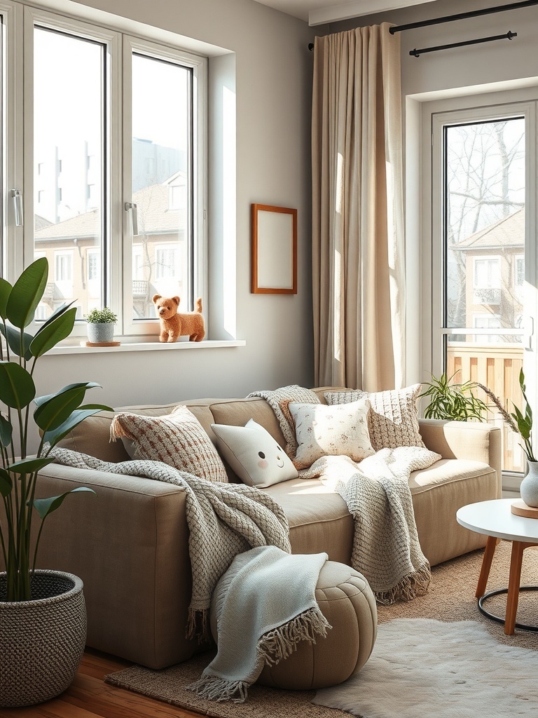 Cozy living room with playful textiles and plants.