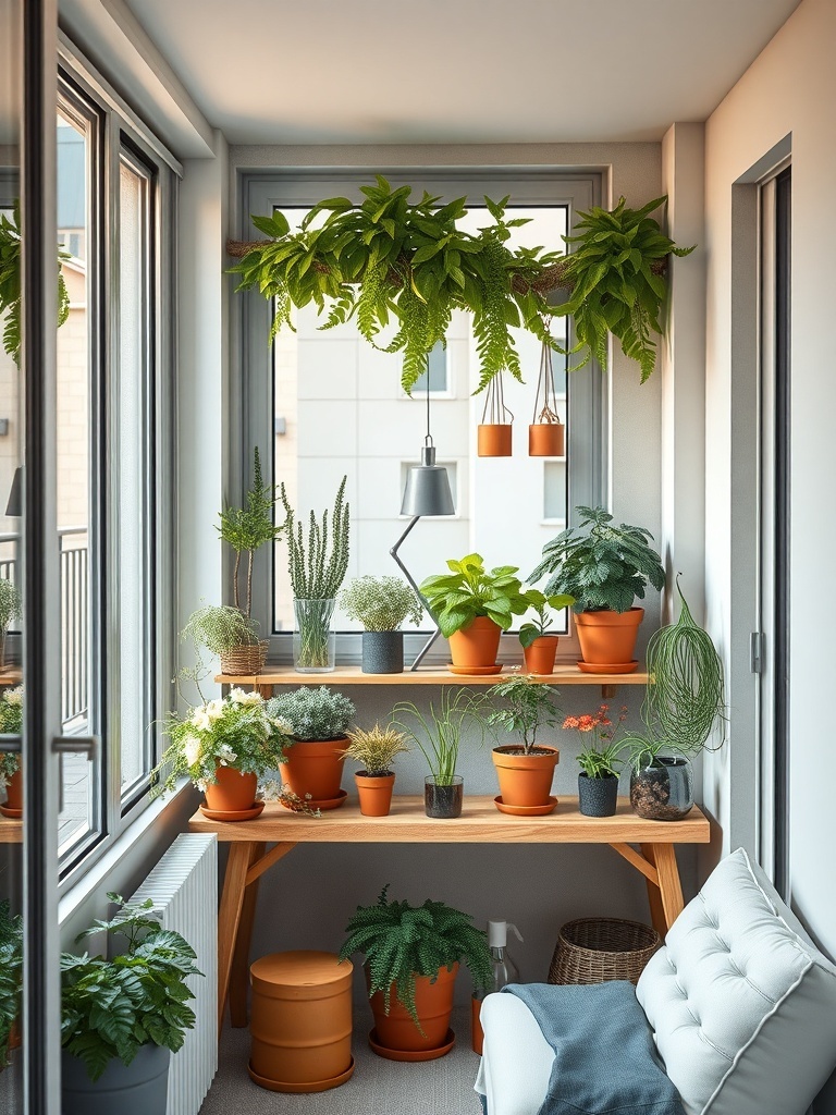 A cozy balcony with various potted herbs and plants arranged on shelves.