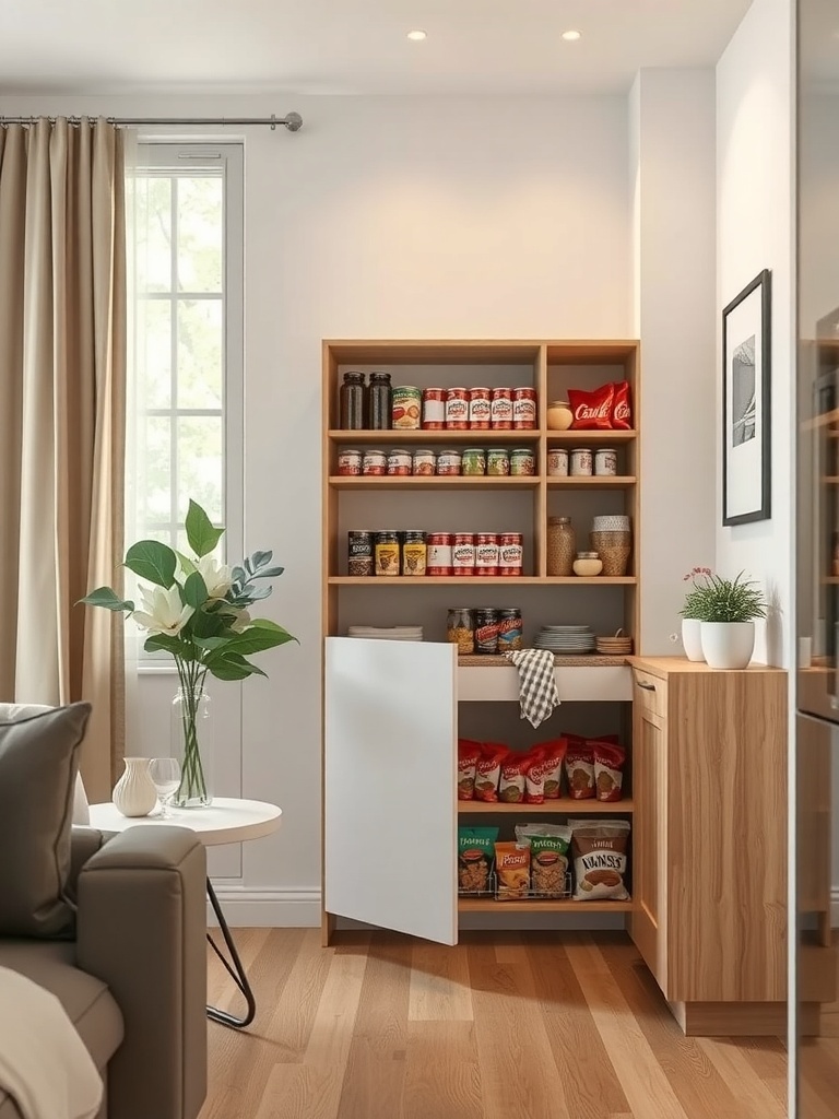 A modern pull-out pantry shelf with various food items neatly organized.