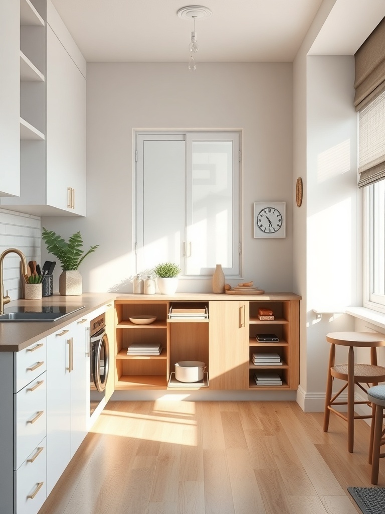 A small apartment kitchen featuring a pull-out pantry solution.
