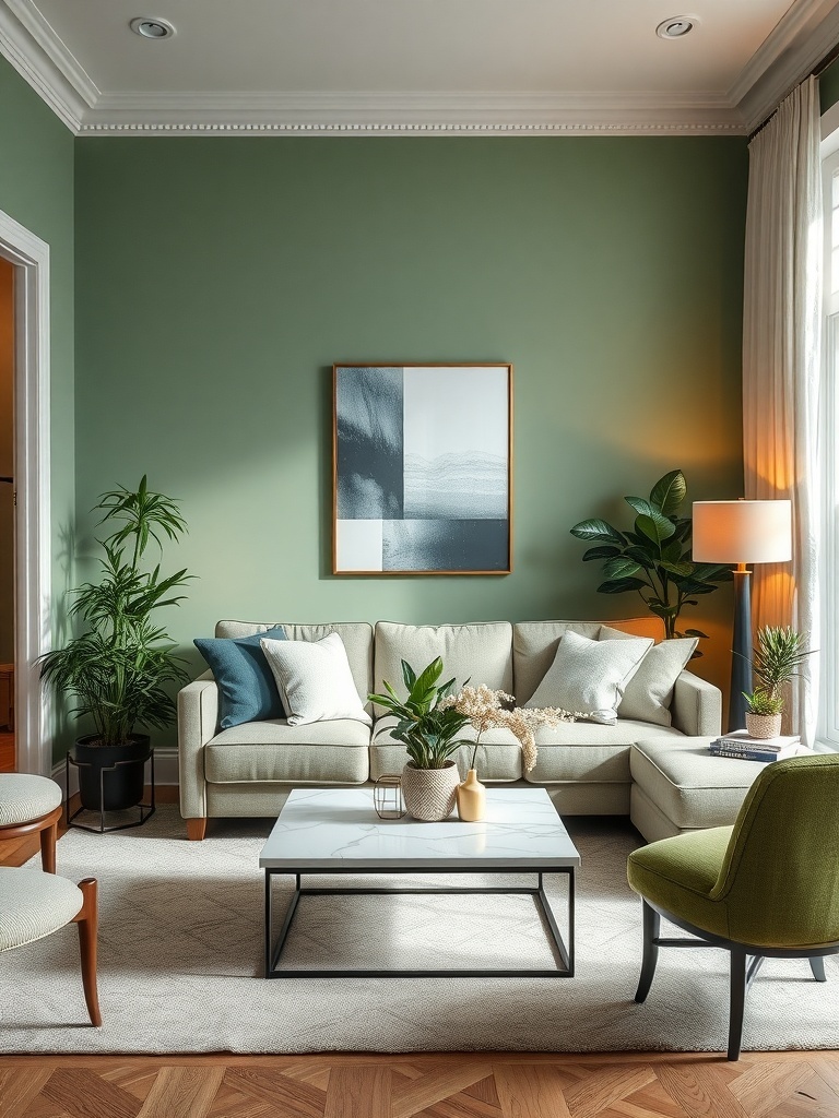 A cozy living room with soft green walls, light-colored furniture, and plants, creating a natural and inviting atmosphere.