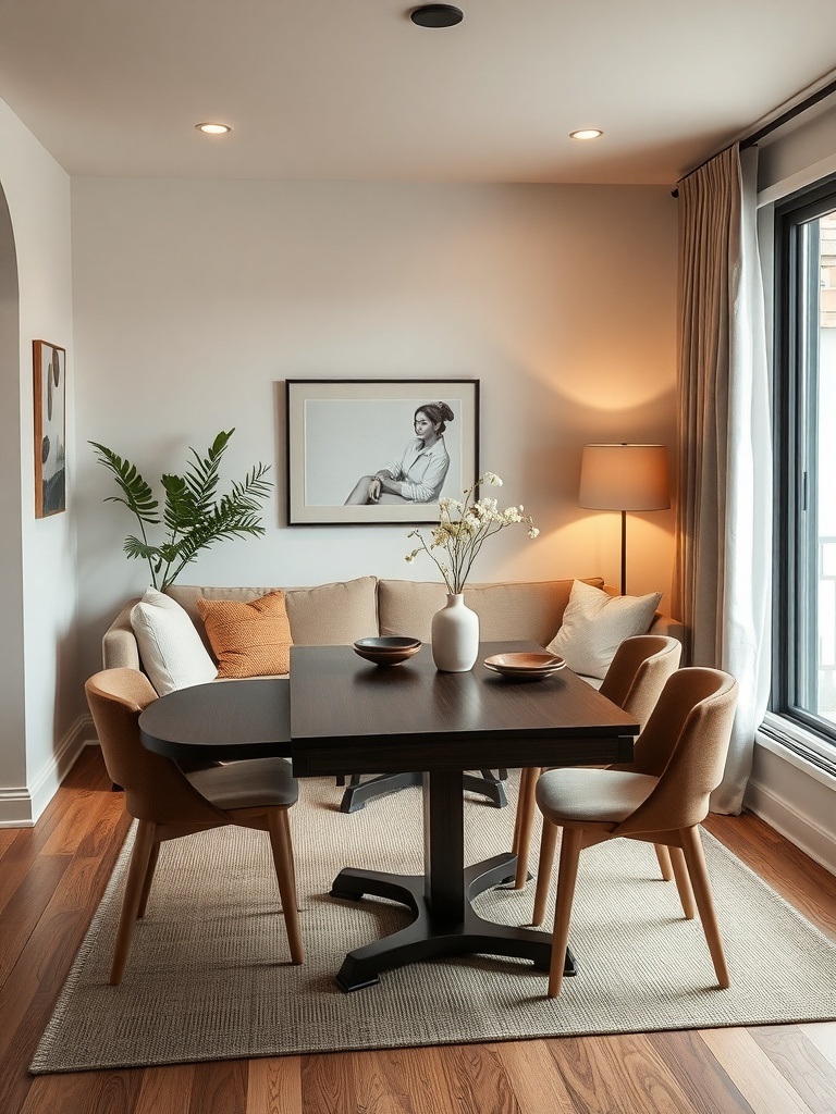 A cozy dining area featuring a retractable dining table surrounded by comfortable chairs, with warm lighting and a stylish decor.