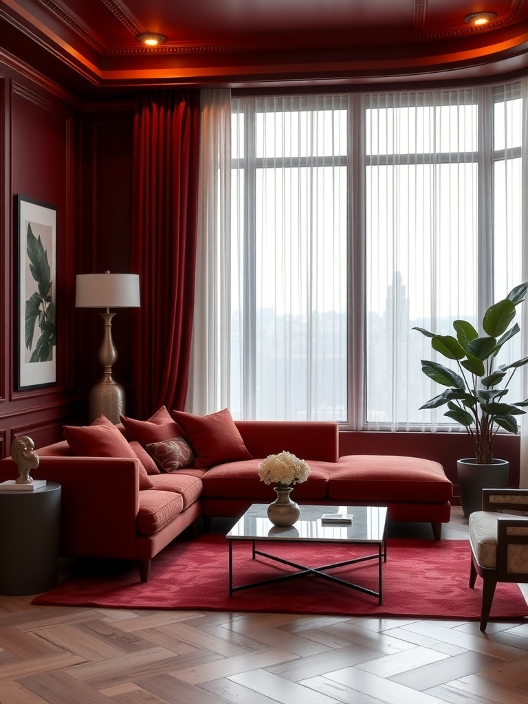A small living room featuring rich burgundy walls, a matching sofa, and a plant, with large windows allowing natural light.