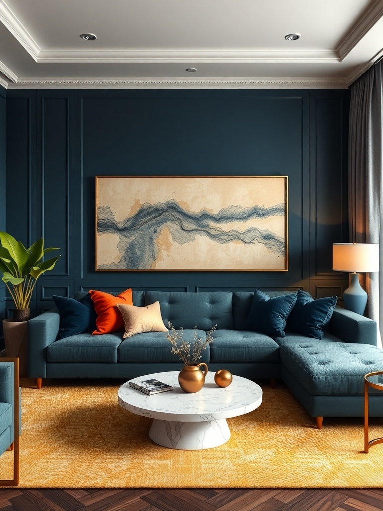 A luxurious living room featuring deep blue walls, a teal sofa with colorful cushions, a marble coffee table, and elegant decor.