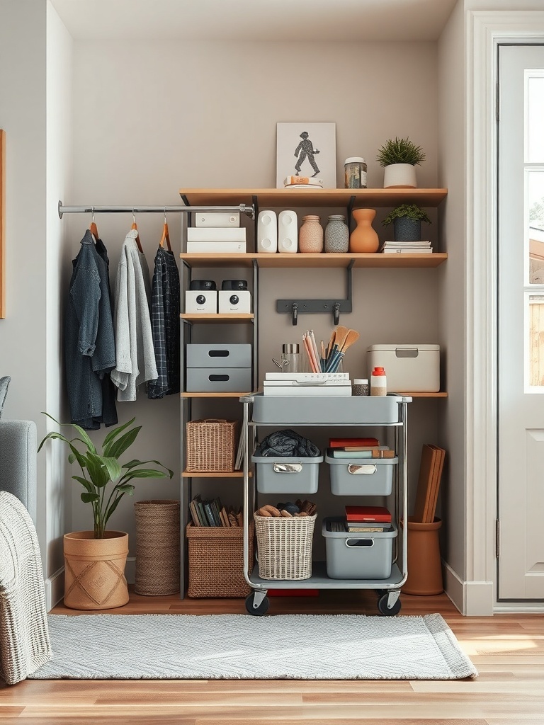 A small closet featuring a rolling cart with storage bins, clothes hanging on a rod, and decorative items on shelves.
