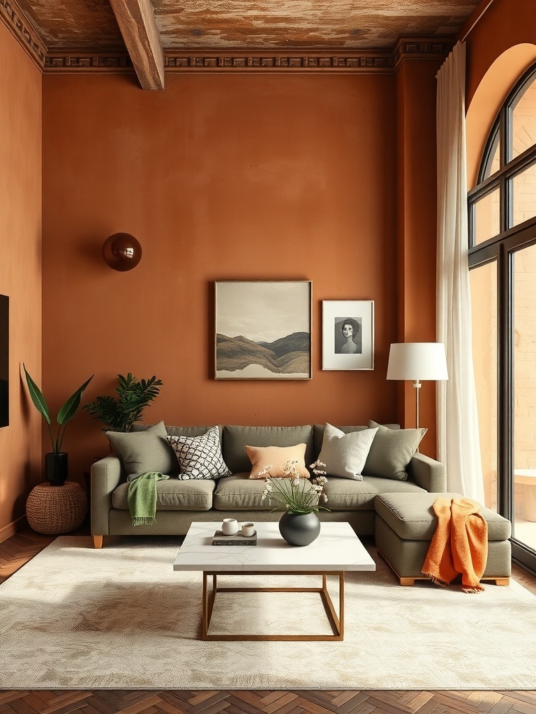 A cozy living room with rustic terracotta walls, a green sofa, and modern decor.