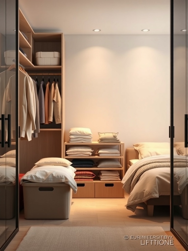 A well-organized closet with seasonal clothing neatly arranged on shelves and hung on hangers.