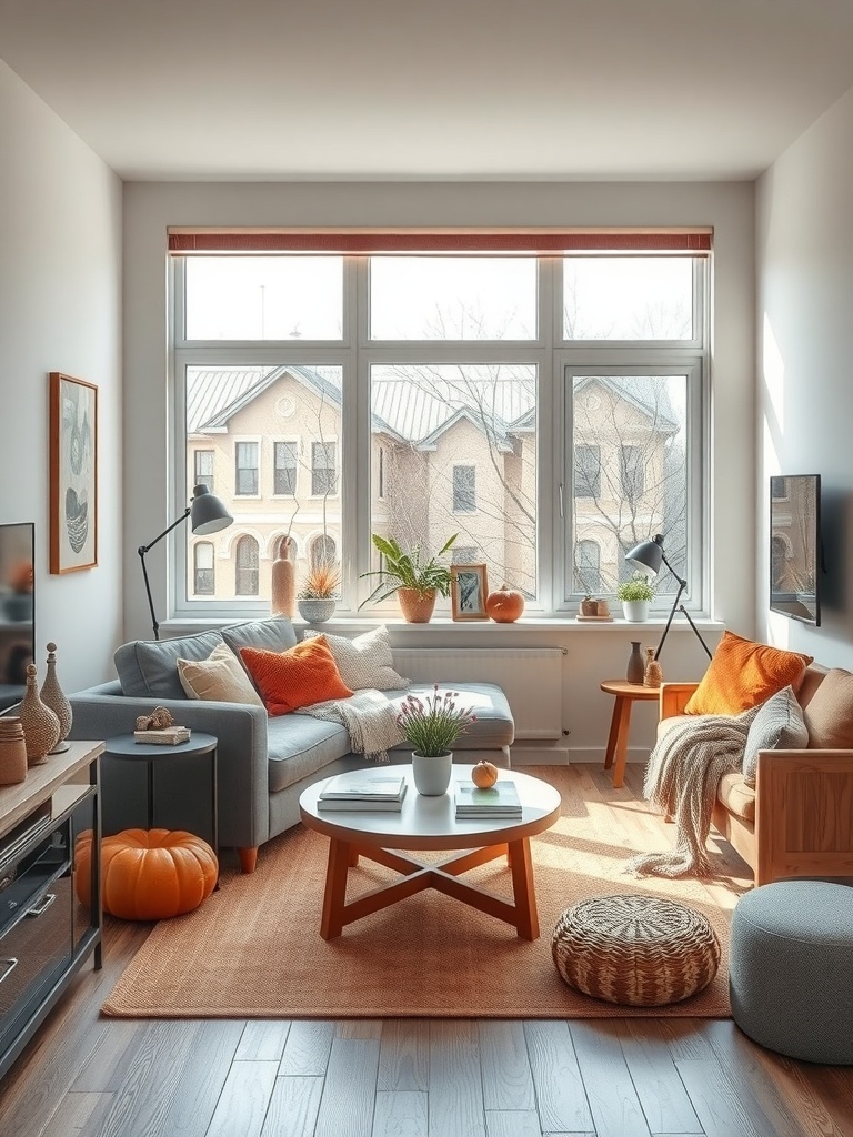 A cozy small living room decorated for fall with pumpkins and warm colors.
