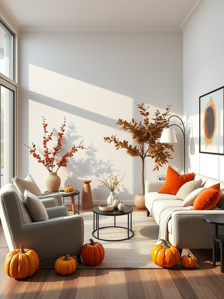 Cozy living room decorated for autumn with pumpkins and warm colors.