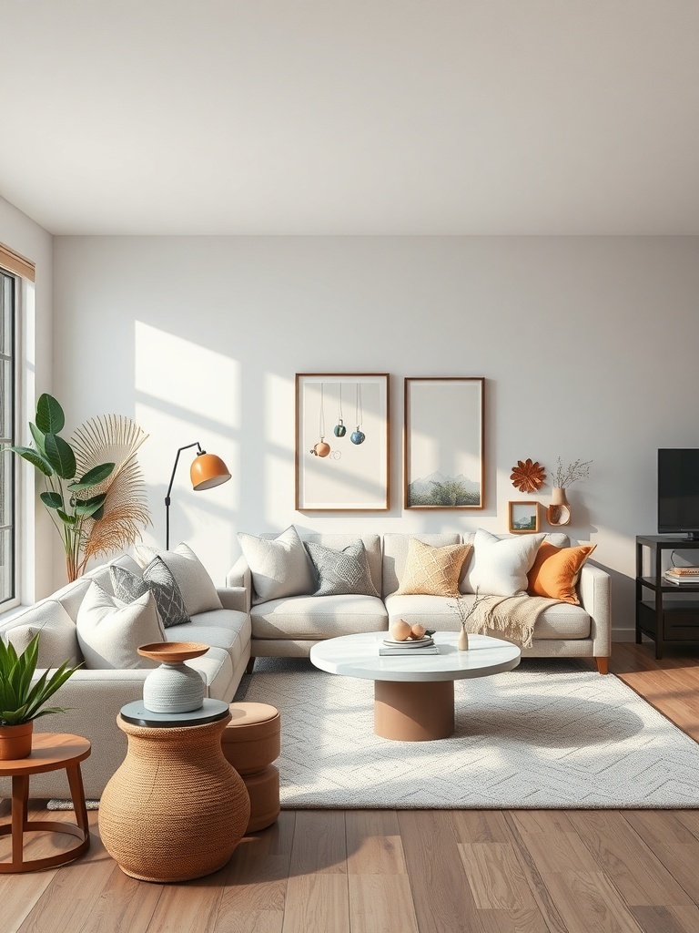 A cozy living room with a light-colored sectional sofa, seasonal decor, and warm accents.
