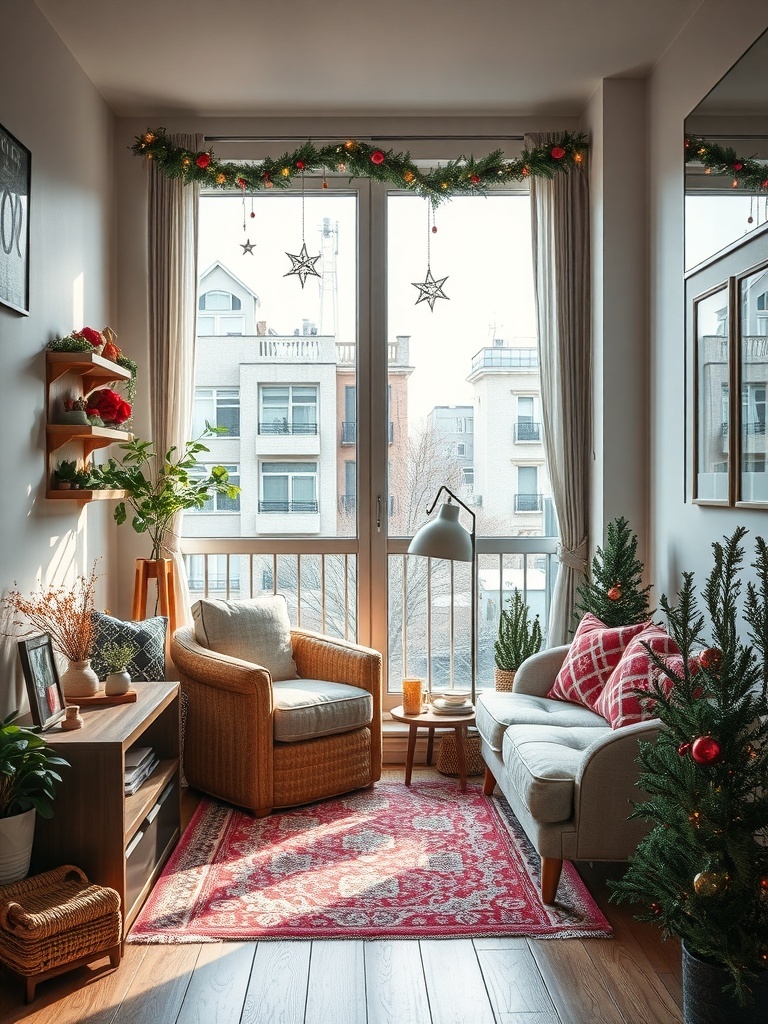 A cozy balcony decorated for the season with plants, cushions, and festive lights.
