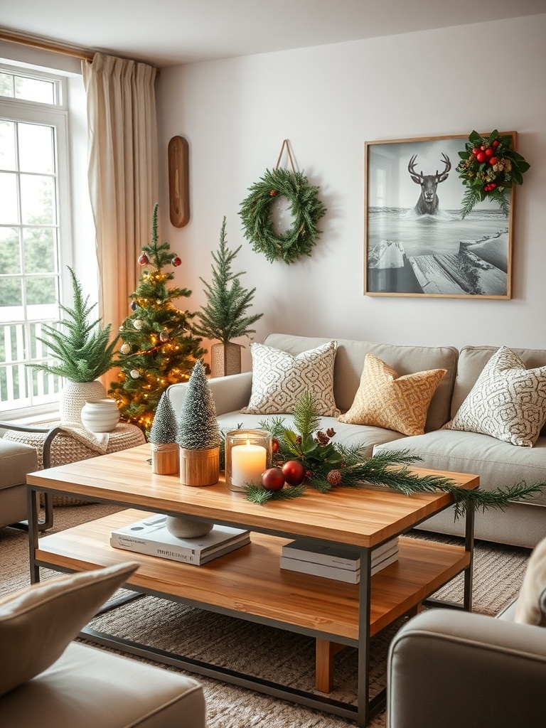 A cozy living room decorated for the holidays with a coffee table featuring evergreen trees, candles, and ornaments.