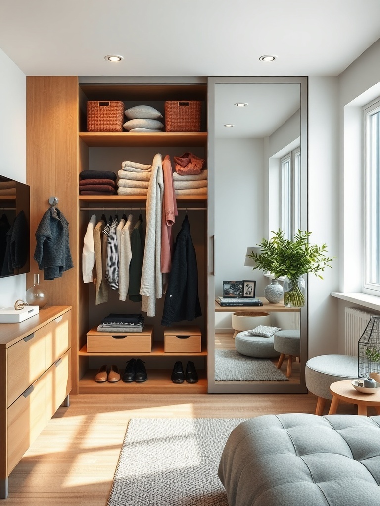 A well-organized closet with seasonal clothing and storage baskets.