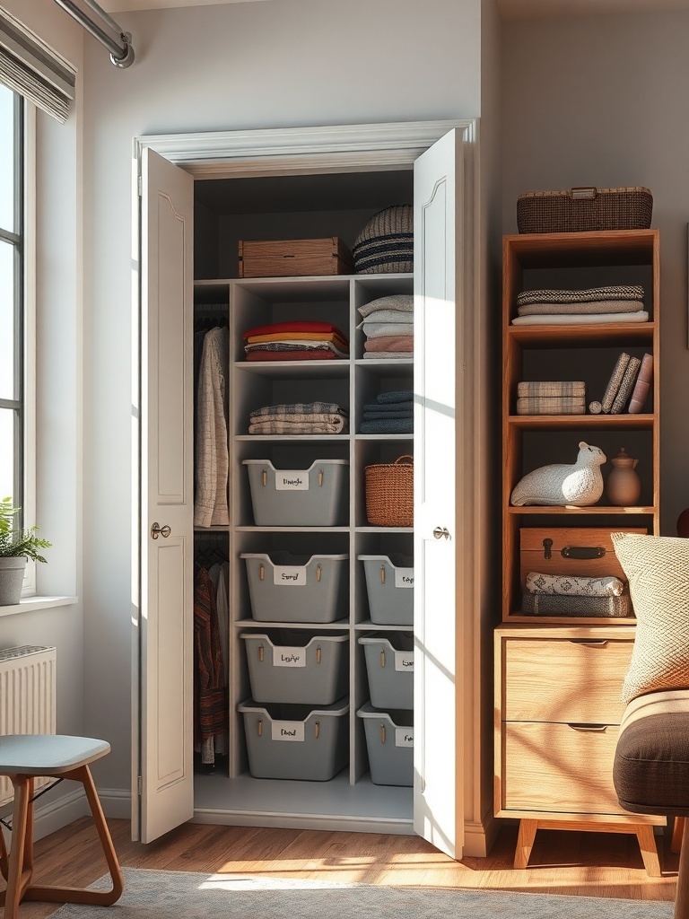 Organized closet with labeled bins and neatly folded clothes.