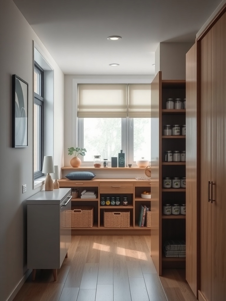A bright kitchen with wooden shelves and organized storage, showcasing shelf risers.