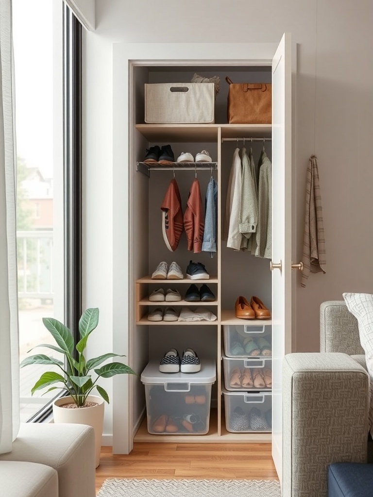 A small closet with organized shoes on shelves and in clear bins.