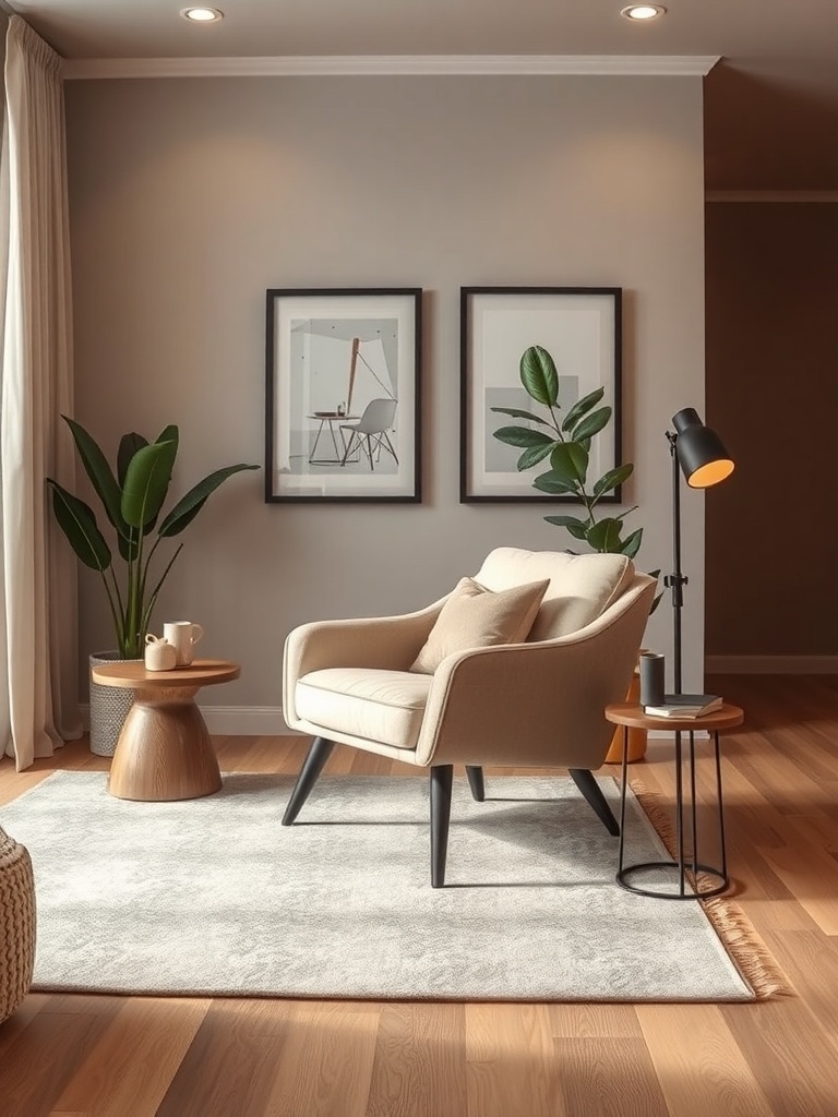 A stylish and sleek armchair in a small living room setting with a side table, plants, and artwork.