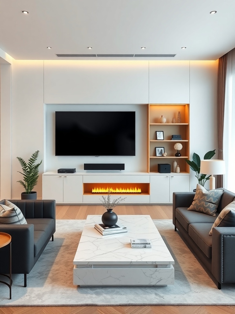 Modern living room with sleek entertainment center featuring a large TV, electric fireplace, and stylish decor.