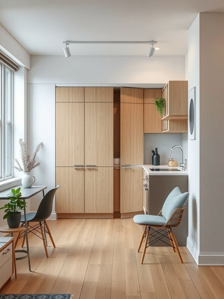 A compact kitchen featuring sliding doors and modern decor.