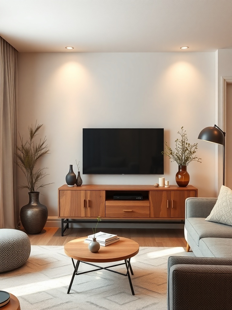 A cozy living room featuring a slim profile media console, a TV mounted on the wall, and a round coffee table.