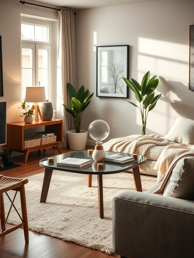 A cozy living room featuring a small-scale coffee table with a glass top and wooden legs, surrounded by a sofa and decorative plants.