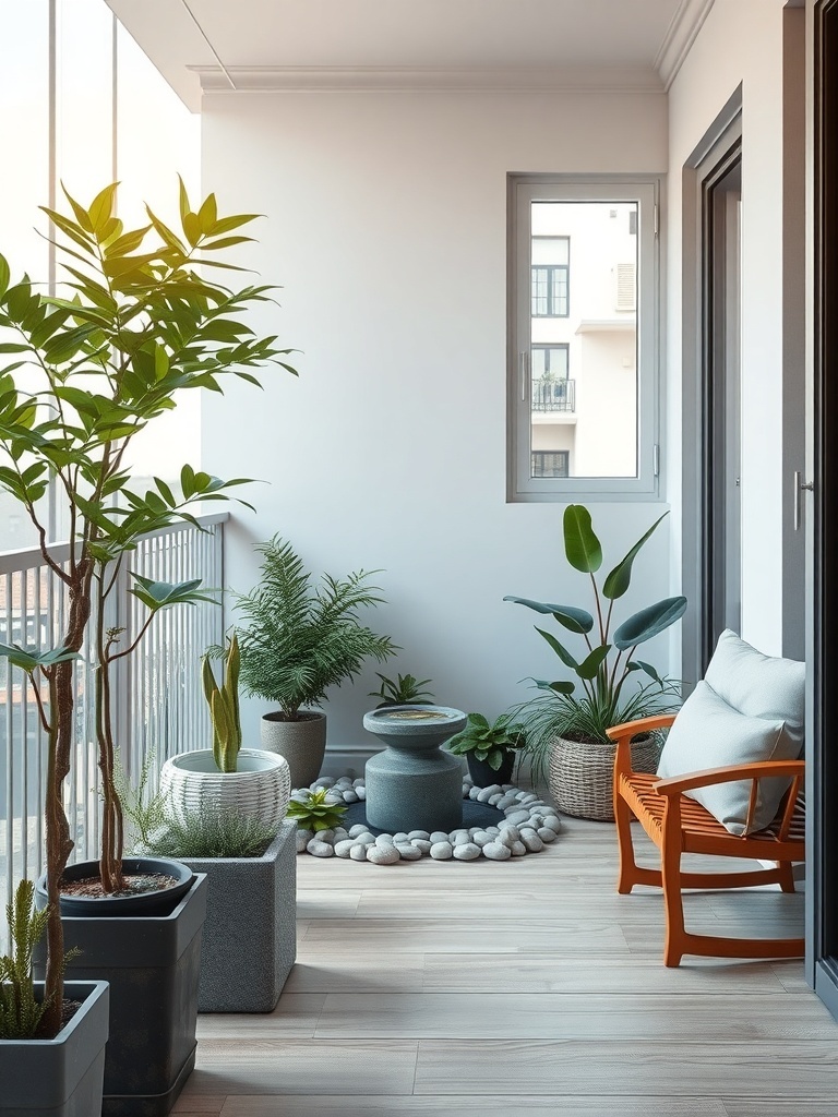 A small balcony with a water feature surrounded by plants and seating.