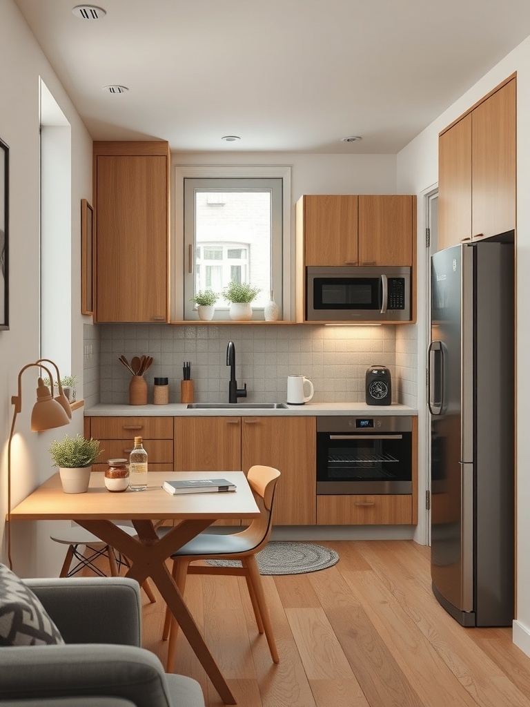 A compact kitchen featuring smart appliances and a cozy dining area.