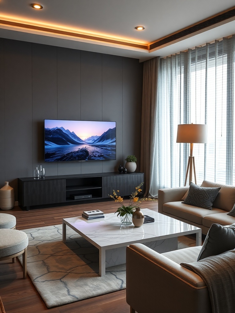 A modern luxury apartment living room featuring smart home technology with a large TV, elegant furniture, and adjustable lighting.