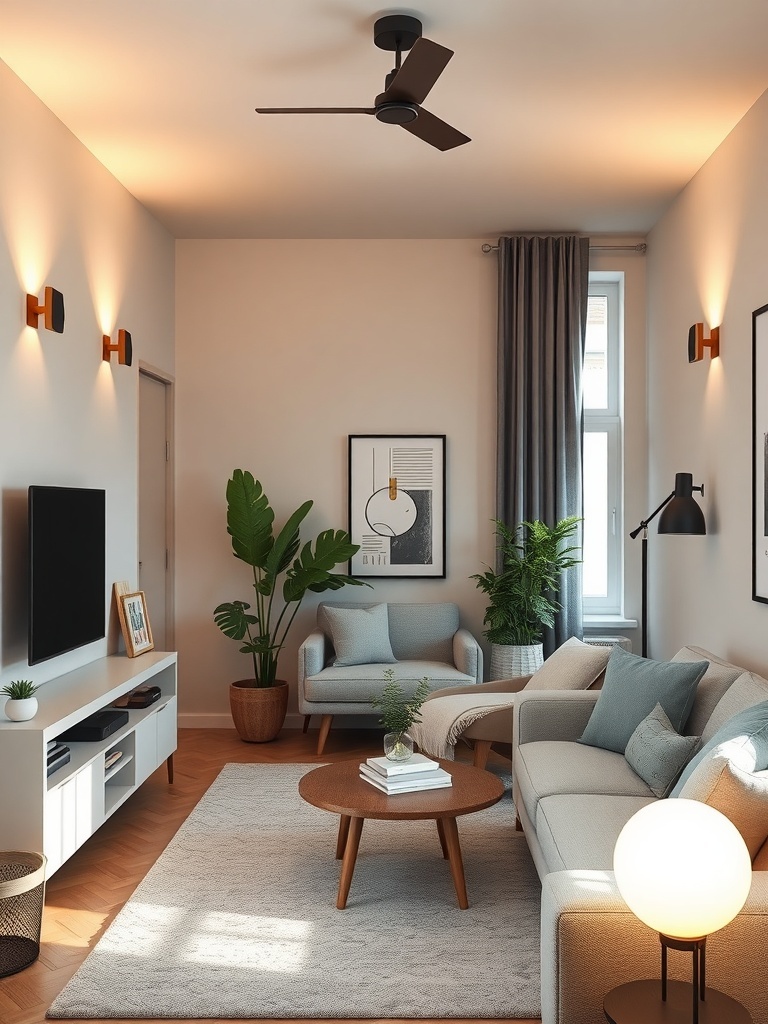 A cozy living room with smart lighting solutions, featuring wall sconces, a floor lamp, and a ceiling fan.