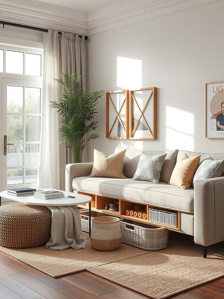 Cozy living room with smart storage solutions, featuring a sofa with built-in storage, a coffee table, and decorative baskets.