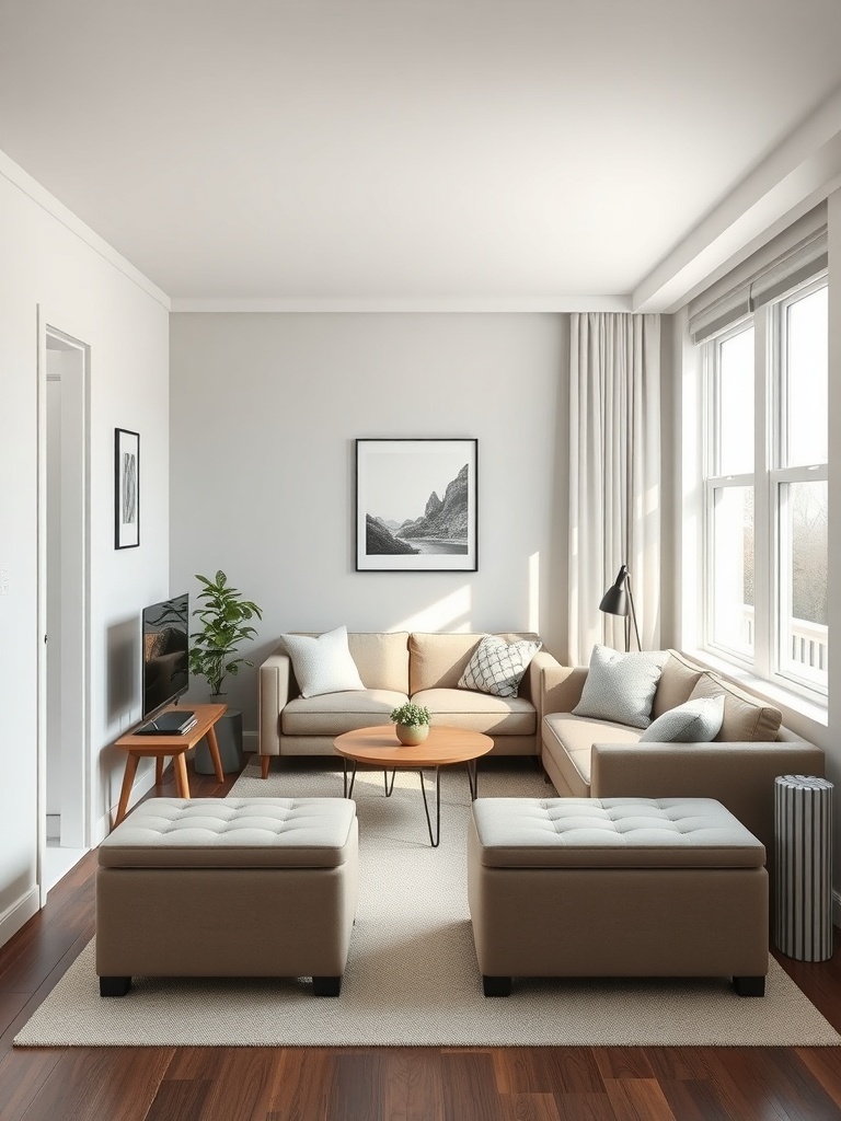 A cozy small living room featuring a beige sectional sofa, two storage ottomans, and a round coffee table.