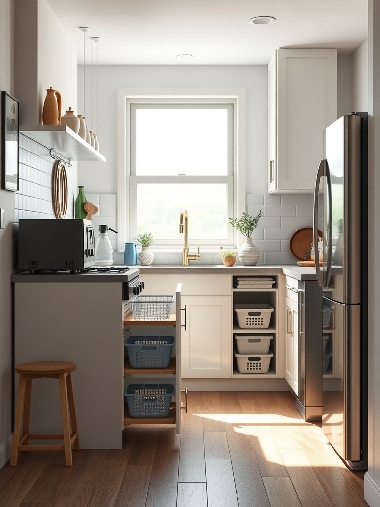 A small apartment kitchen with organized storage solutions under the sink, featuring stackable bins and pull-out drawers.