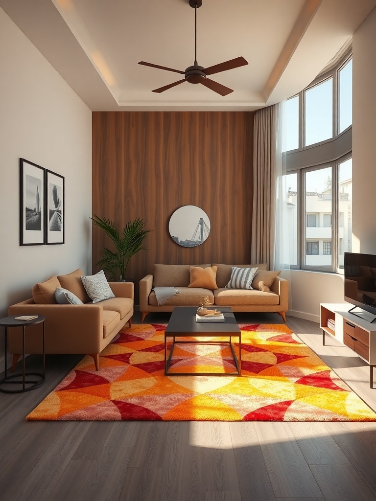 A cozy living room featuring a colorful area rug, neutral furniture, and large windows.
