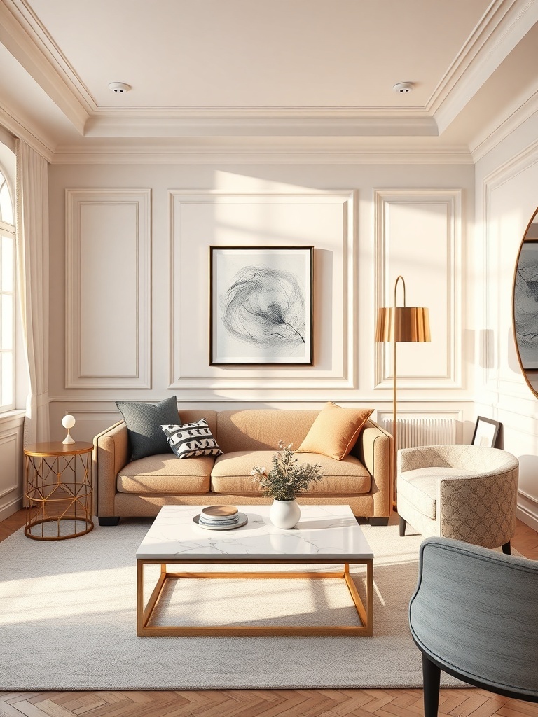 A cozy living room featuring soft pastel hues, a beige sofa, and a light-colored accent chair.