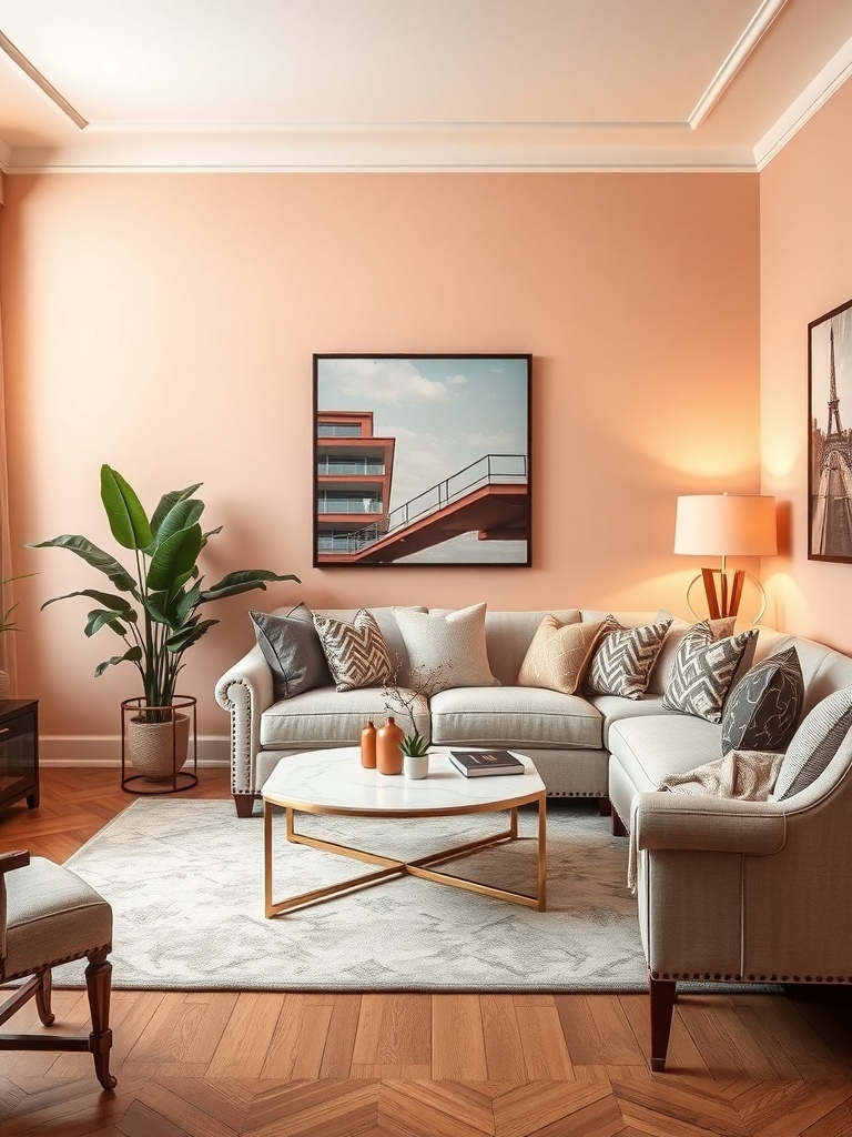A cozy small living room painted in soft peach with a sectional sofa, decorative pillows, a coffee table, and a potted plant.