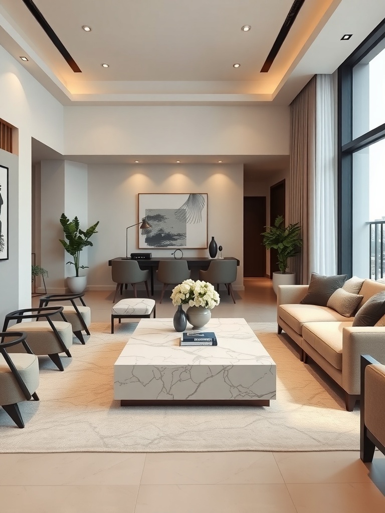 A sophisticated living room featuring neutral tones, modern furniture, and natural light.