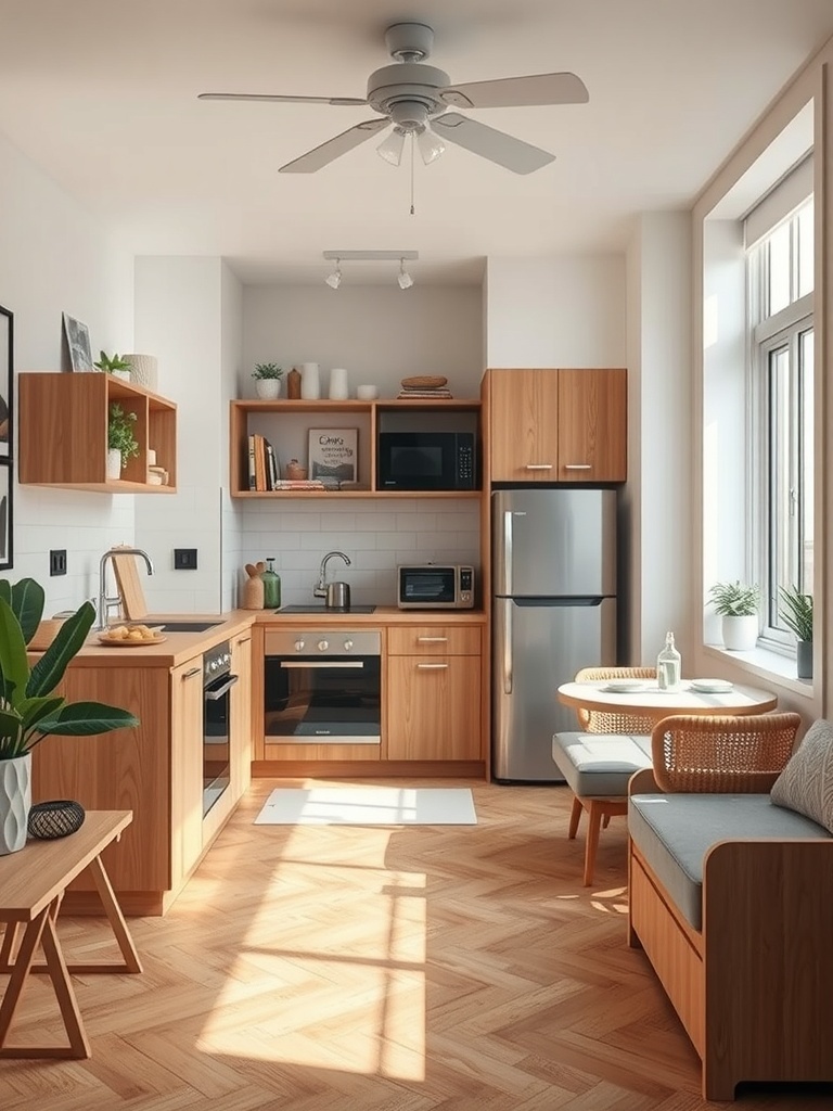 A small, modern kitchen featuring wooden cabinets, open shelves, and a compact dining area.