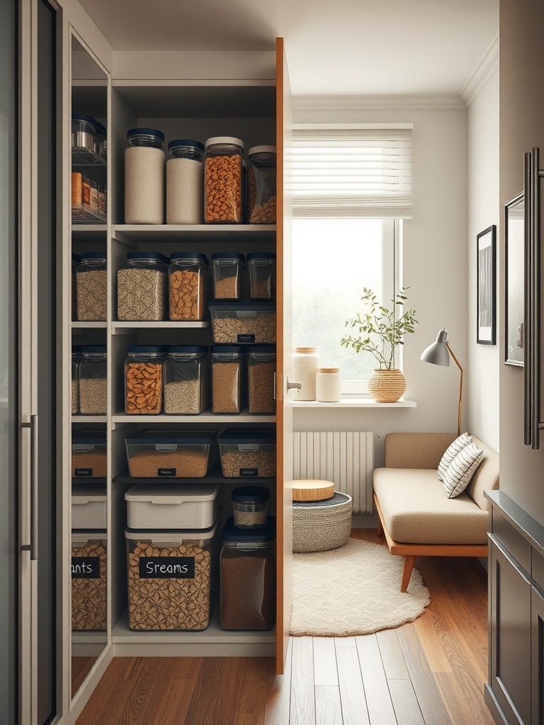 A neatly organized pantry with stackable containers filled with various food items.