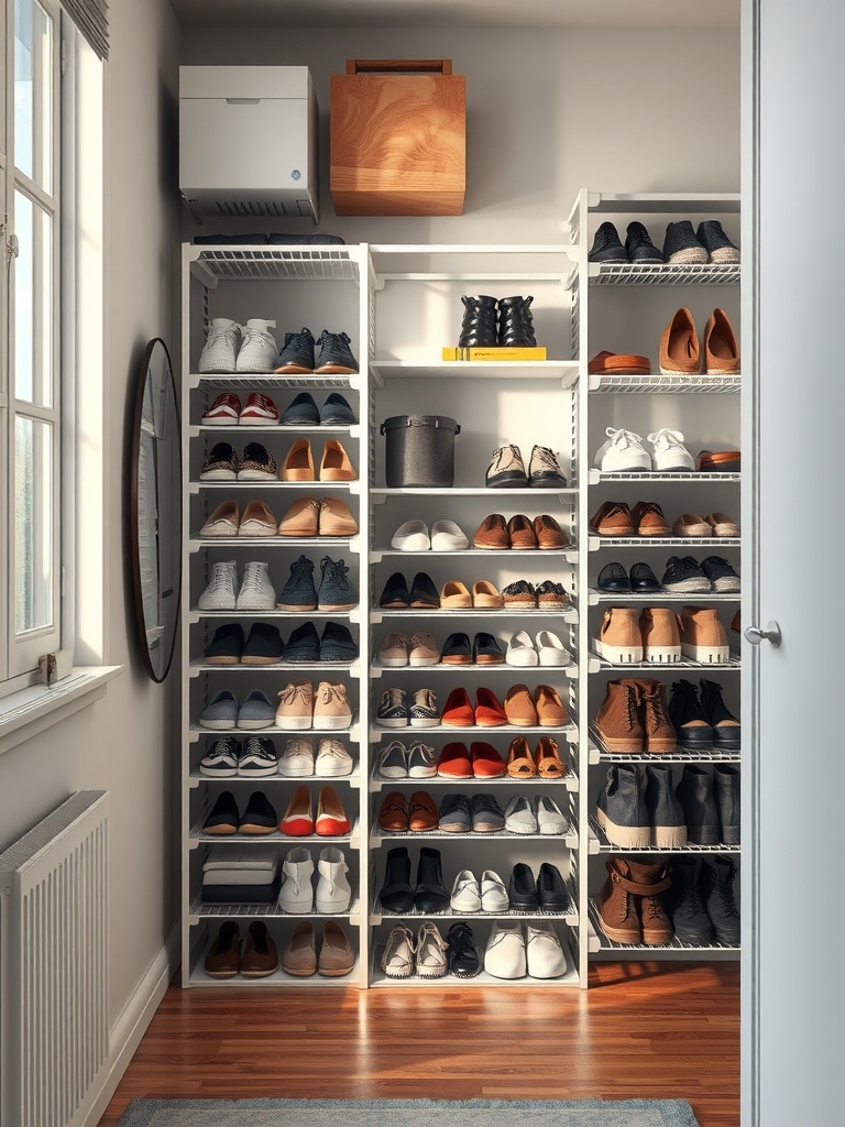 A well-organized closet featuring stackable shoe racks filled with various pairs of shoes.