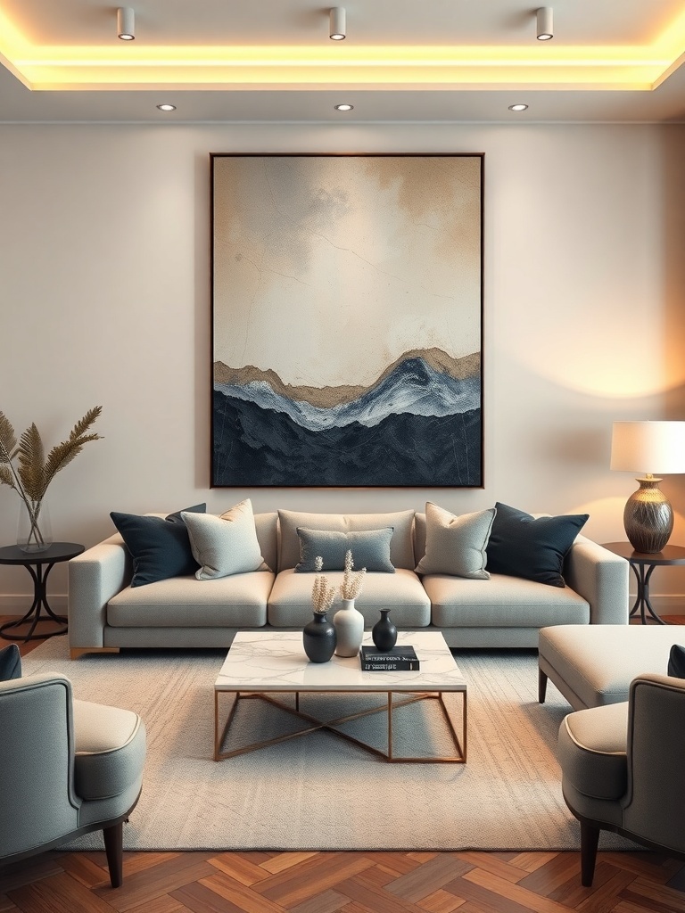 A stylish living room featuring a large abstract mountain landscape artwork, elegant furniture, and a cozy atmosphere.