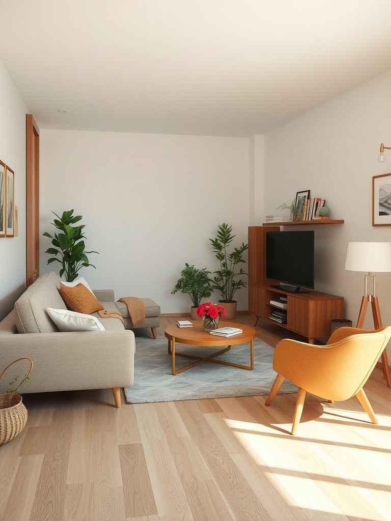 Cozy small living room with strategic furniture placement, featuring a light sofa, orange chair, coffee table, and plants.