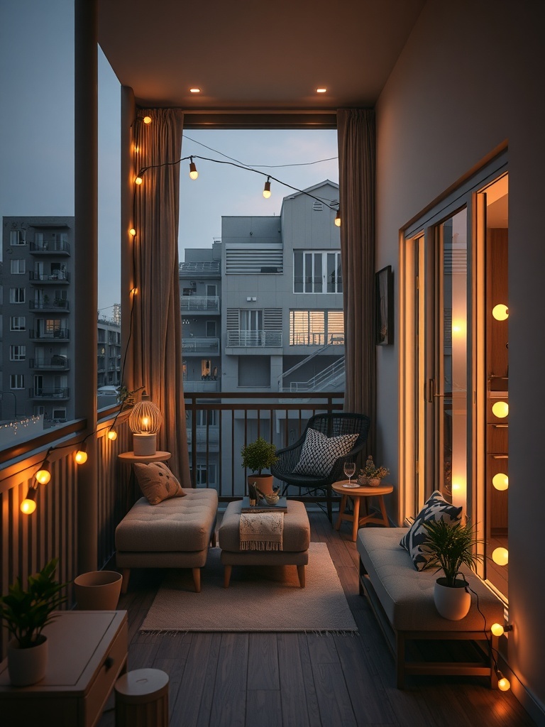 A small balcony decorated with string lights, creating a cozy atmosphere.