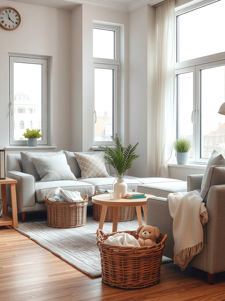 A cozy living room with stylish baskets for storage, featuring a sofa, coffee table, and plants.