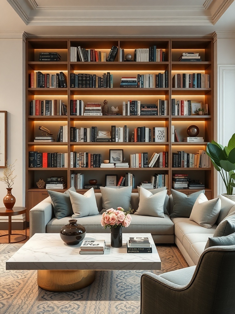 Stylish living room with a wooden bookshelf filled with books and decorative items, featuring a cozy sofa and coffee table.