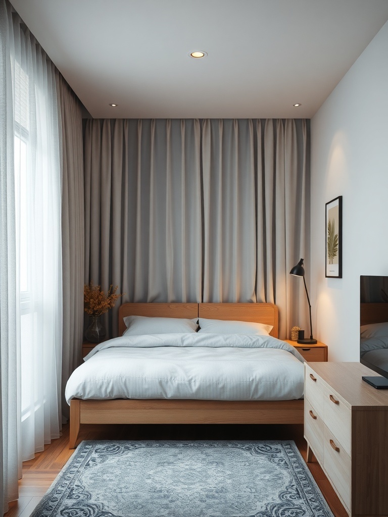 A cozy bedroom with soft curtains and modern decor.