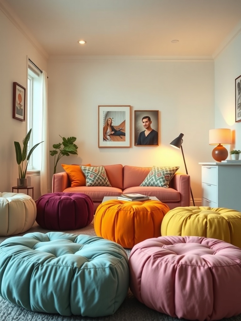 A cozy living room with colorful poufs and a pink sofa, showcasing stylish seating options.