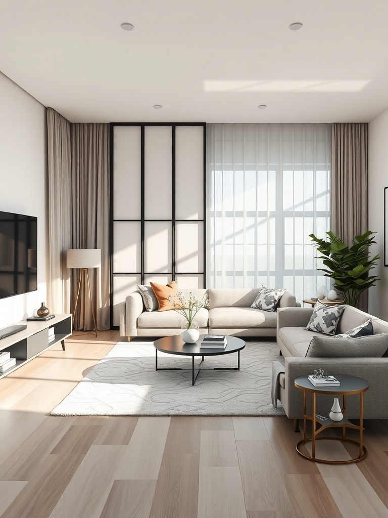 Stylish living room with a modern room divider separating the seating area, featuring a cozy design with plants and a light color palette.
